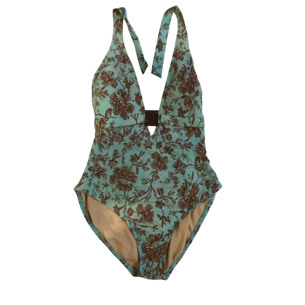 Magicsuit Floral Halter One Piece Swimsuit Turquoise Brown V-Neck Size 10 88197E